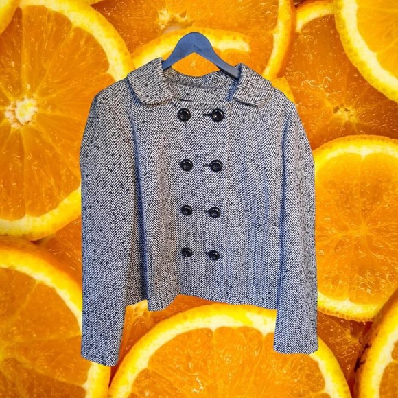 New Jones New York Black and White Herringbone‎ Pea Coat Size 16 - Picture 2 of 6